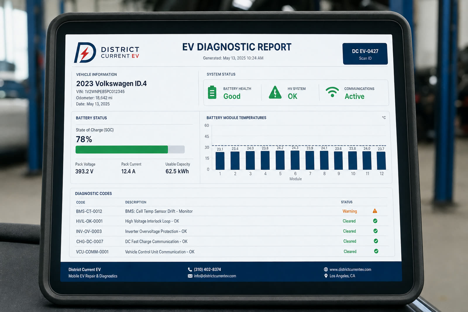 Electric vehicle repair diagnostic report on tablet